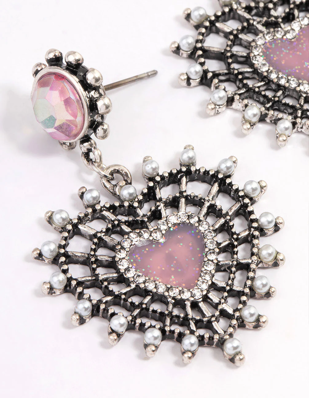 1968-antique-silver-pink-sparkle-heart-earrings-2.webp Antique Silver Pink Sparkle Heart Earrings