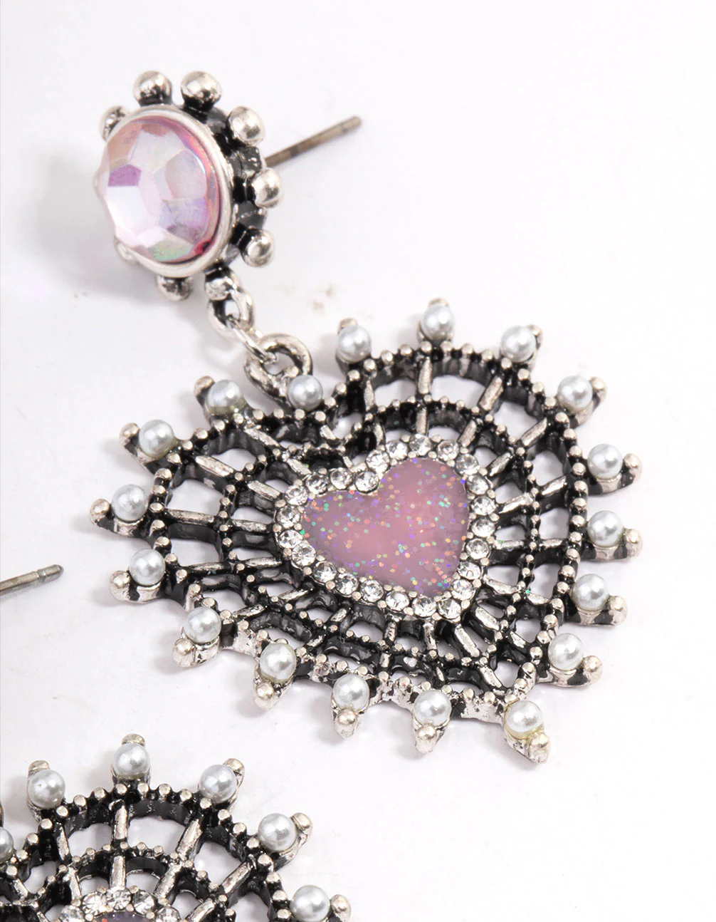 1968-antique-silver-pink-sparkle-heart-earrings-3.webp Antique Silver Pink Sparkle Heart Earrings