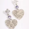 Antique Silver Textured Heart Cross Earrings