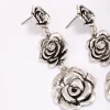 Antique Silver Triple Row Diamante Flower Drop Earrings