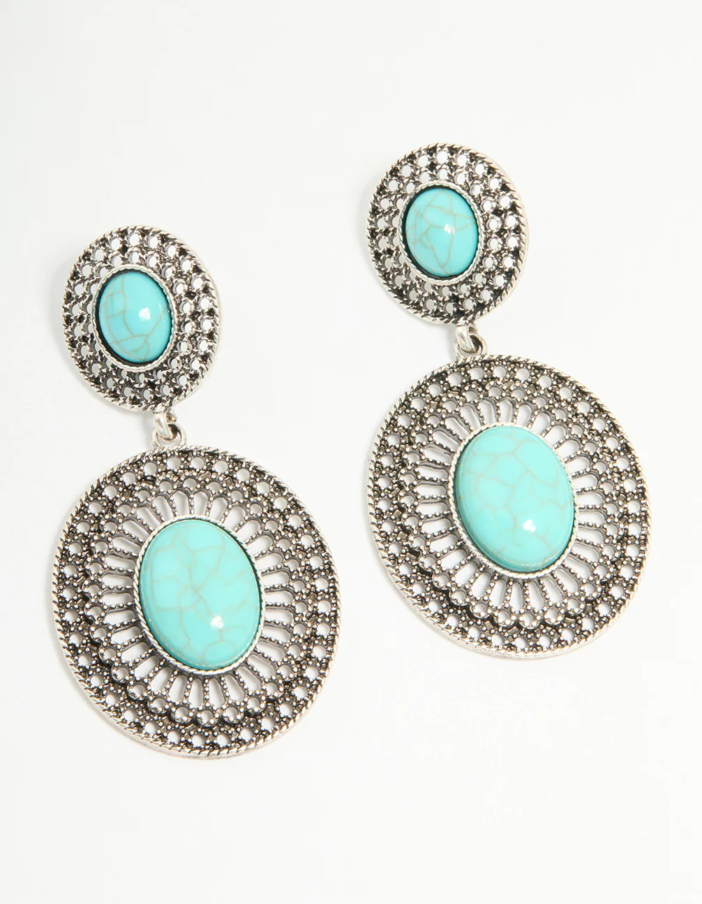 2003-antique-silver-turquoise-double-circle-net-drop-earrings-1.webp Antique Silver Turquoise Double Circle Net Drop Earrings