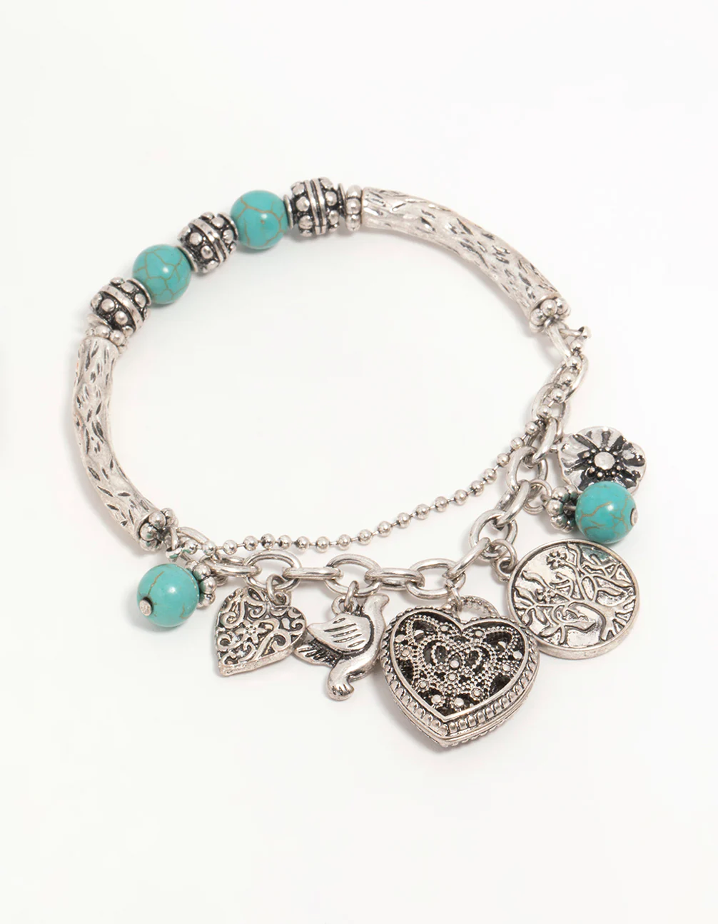 2004-antique-silver-turquoise-heart-charm-stretch-bracelet-1.webp Antique Silver Turquoise Heart Charm Stretch Bracelet