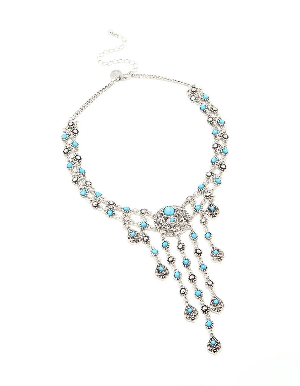 2005-antique-silver-turquoise-molten-layered-drop-necklace-2.webp Antique Silver Turquoise Molten Layered Drop Necklace
