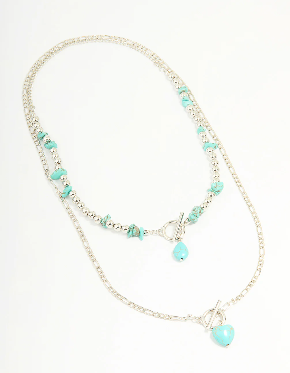 Antique Silver Turquoise T-Bar Heart Layered Necklace