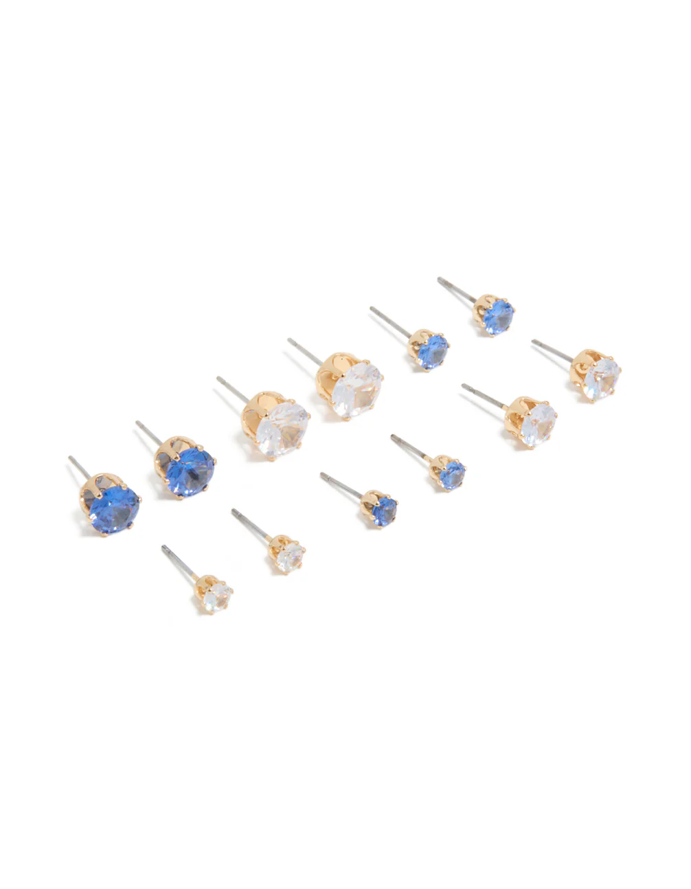 Gold Classic Blue & Clear Cubic Zirconia Stud Earrings 6-Pack