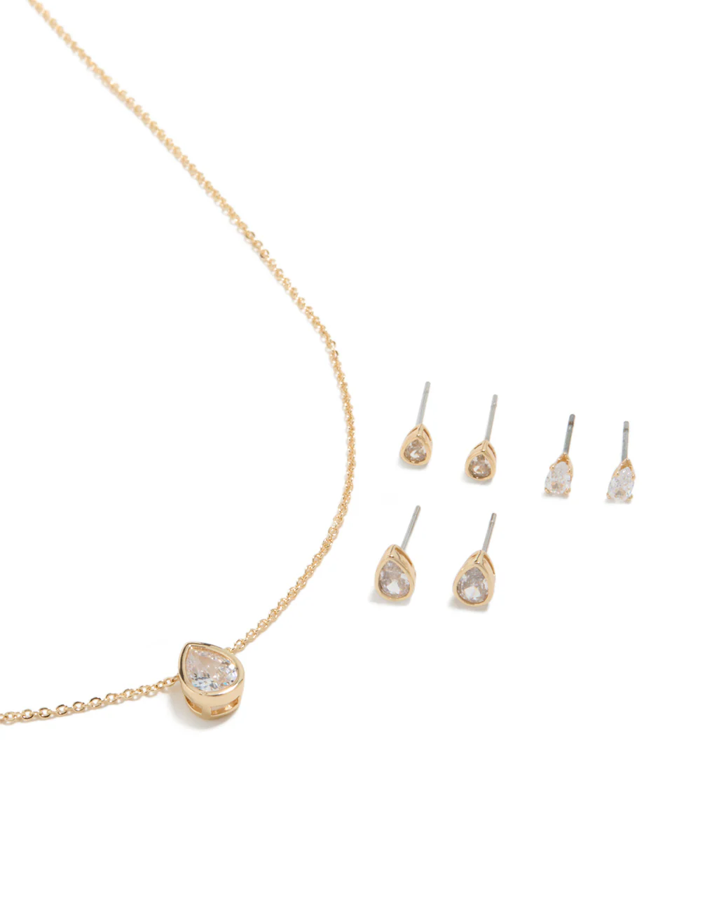 209-gold-clear-cubic-zirconia-pear-bezel-necklace-earrings-set-1.webp Gold Clear Cubic Zirconia Pear Bezel Necklace & Earrings Set