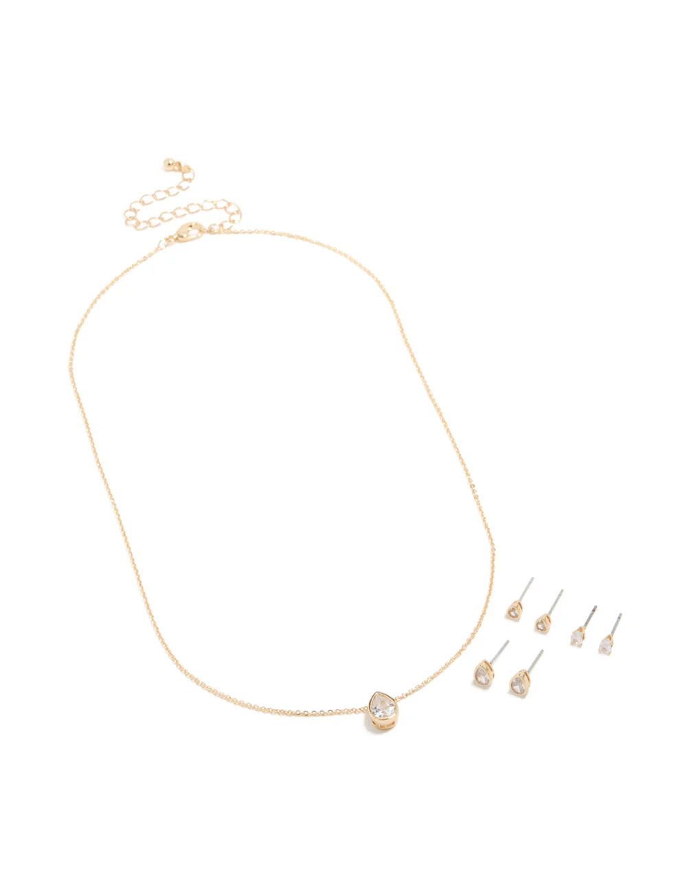 209-gold-clear-cubic-zirconia-pear-bezel-necklace-earrings-set-2.webp Gold Clear Cubic Zirconia Pear Bezel Necklace & Earrings Set