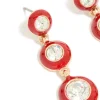 Gold Clear Diamante & Red Enamel Circle Drop Earrings