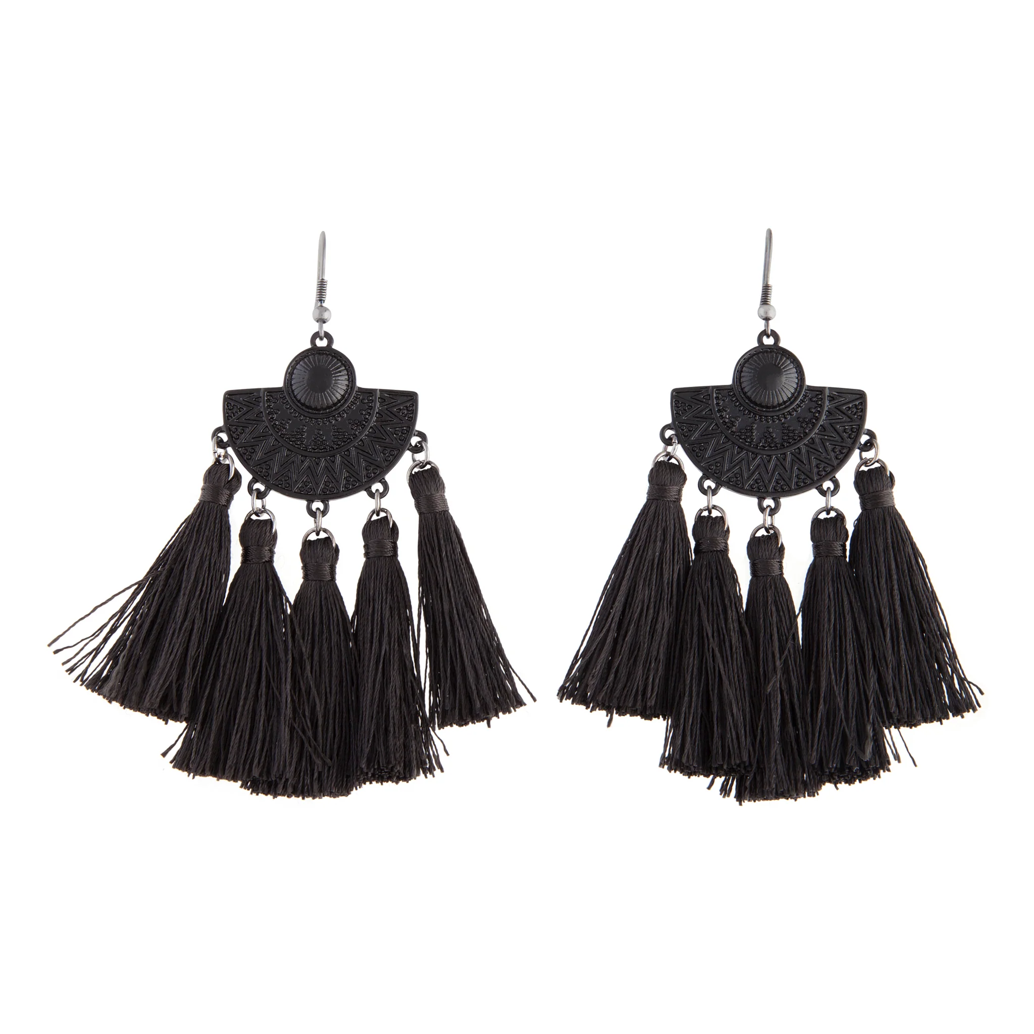 2151-black-coated-etched-shield-5-tassel-earrings-1.webp Black Coated Etched Shield 5 Tassel Earrings