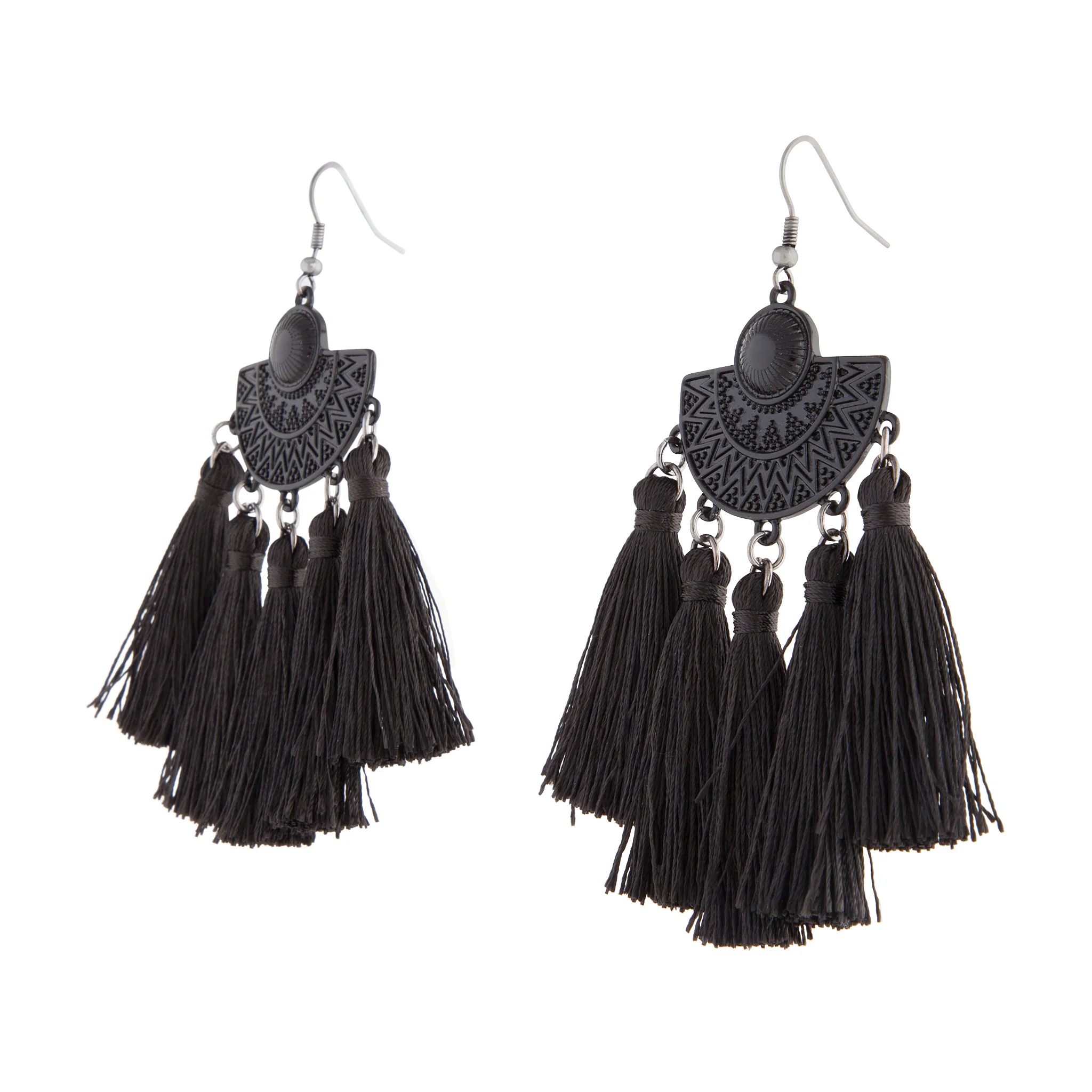 2151-black-coated-etched-shield-5-tassel-earrings-2.webp Black Coated Etched Shield 5 Tassel Earrings