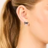 Black Coated Metal & Diamante Bow Drop Stud Earrings