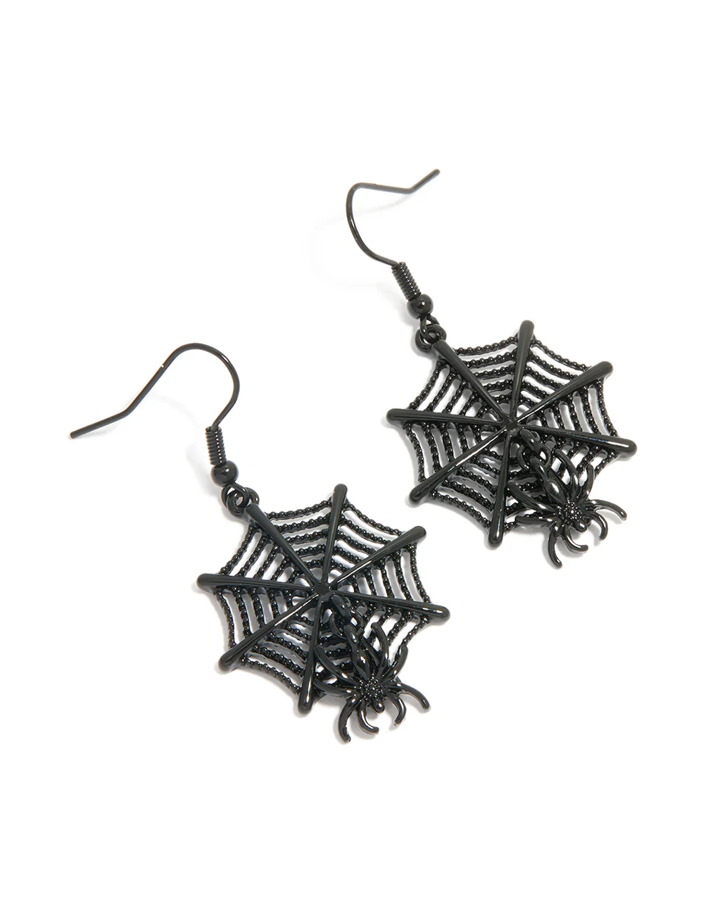 Black Coated Metal Spiderweb & Spider Drop Earrings