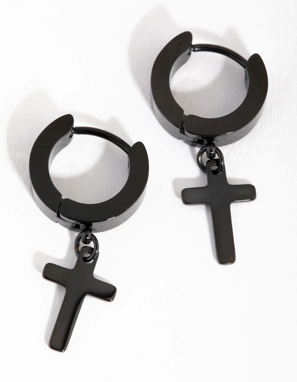 2184-black-coated-metal-surgical-steel-cross-huggie-earrings-1.webp Black Coated Metal Surgical Steel Cross Huggie Earrings