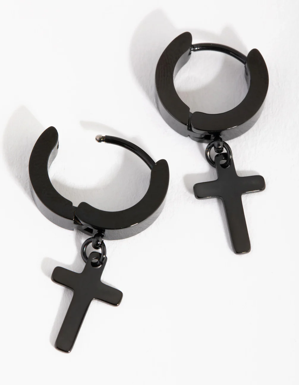 2197-black-coated-surgical-steel-cross-huggie-earrings-2.webp Black Coated Surgical Steel Cross Huggie Earrings
