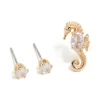 Gold Diamante & Seahorse Stud Earrings 3-Pack