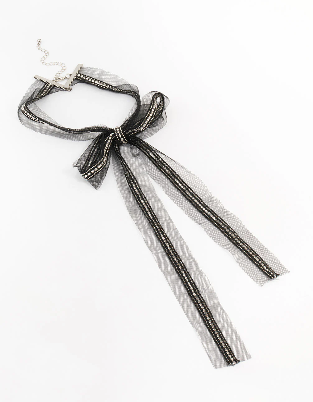 2300-black-fabric-diamante-bow-necklace-1.webp Black Fabric Diamante Bow Necklace