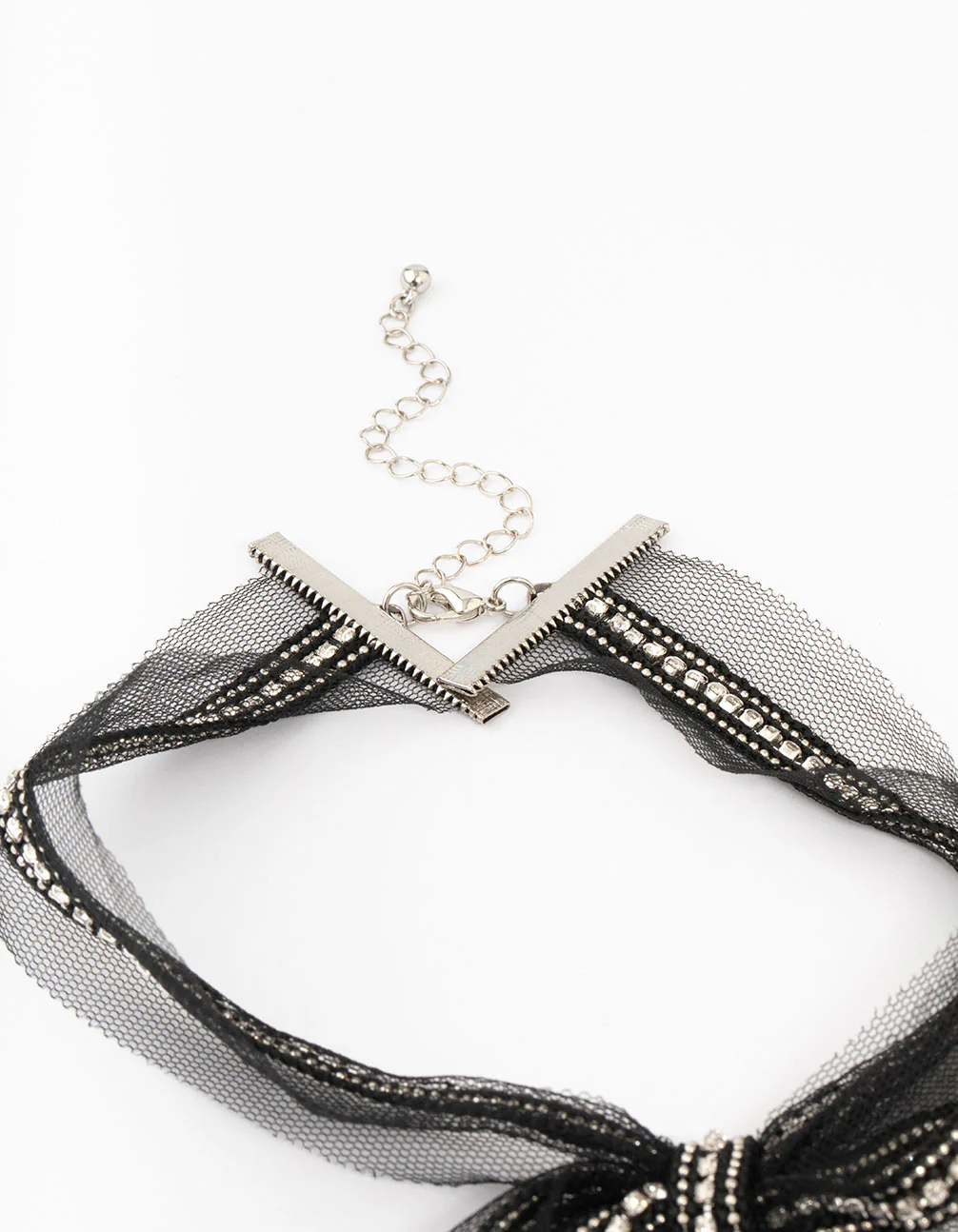 2300-black-fabric-diamante-bow-necklace-3.webp Black Fabric Diamante Bow Necklace