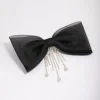 Black Fabric Organza Diamante Cup Chain Hair Bow Clip