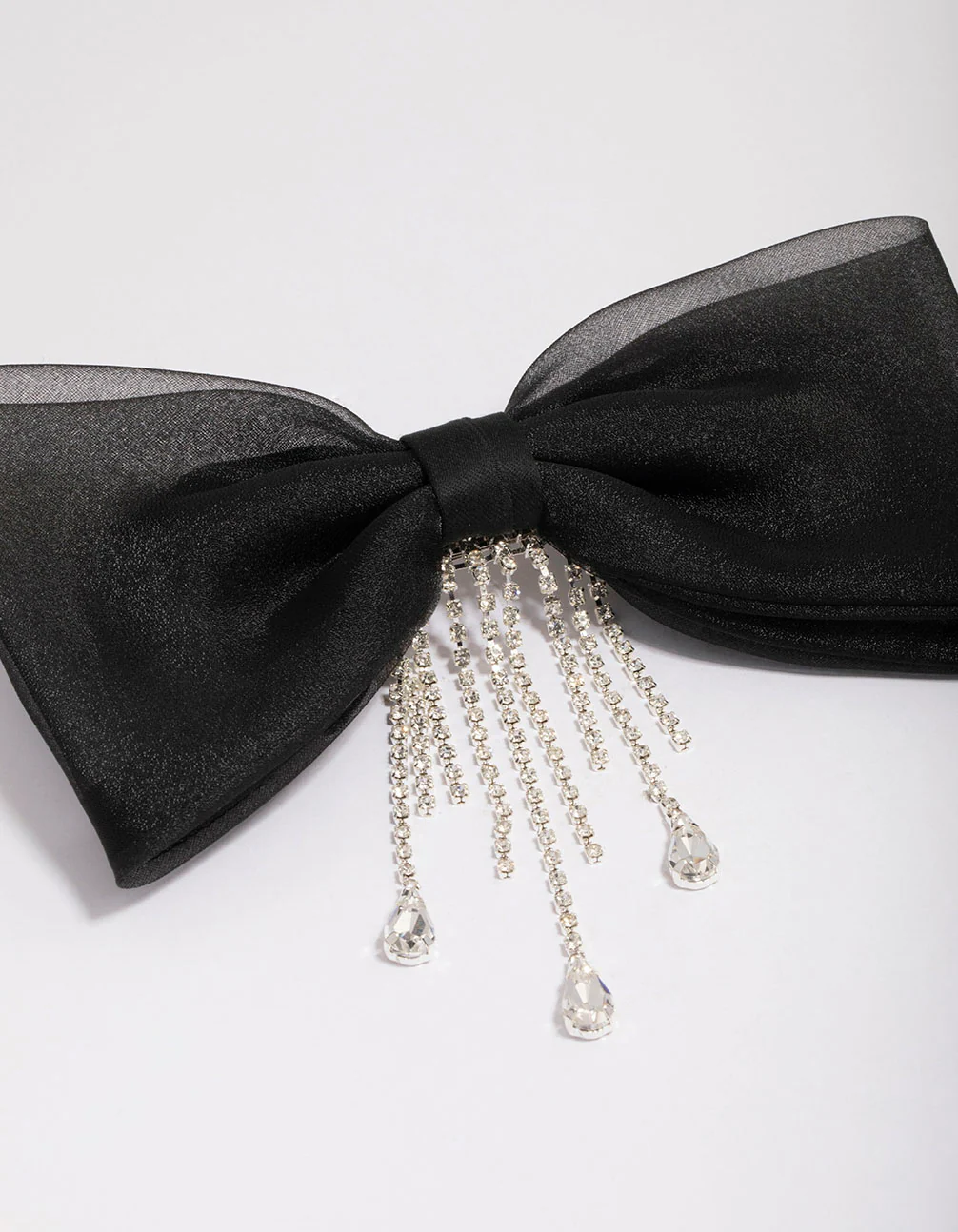 Black Fabric Organza Diamante Cup Chain Hair Bow Clip