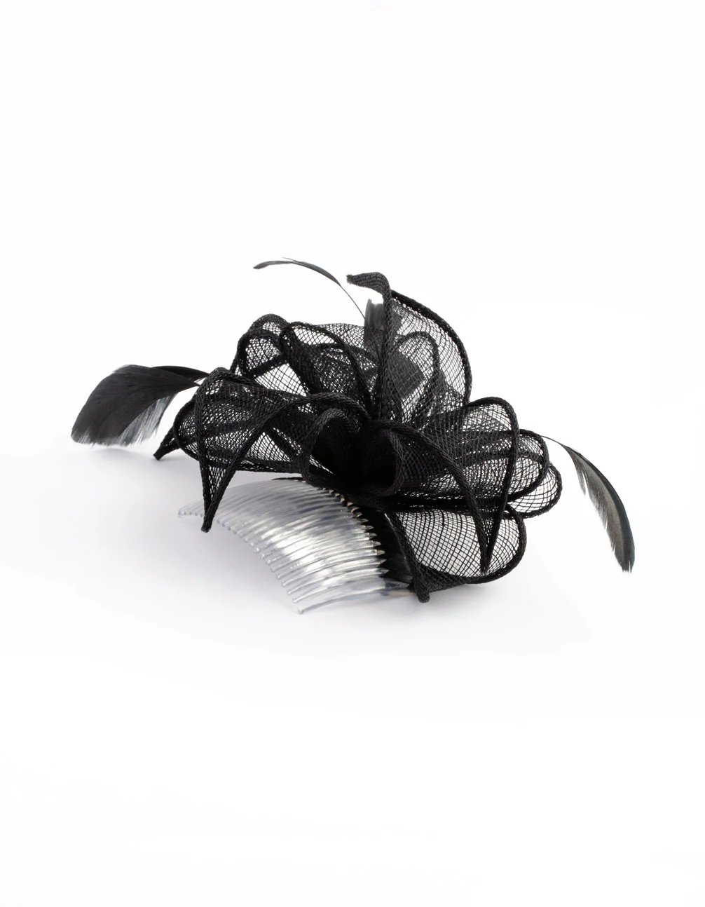 2395-black-looped-sinamay-fascinator-comb-with-feathers-1.webp Black Looped Sinamay Fascinator Comb with Feathers
