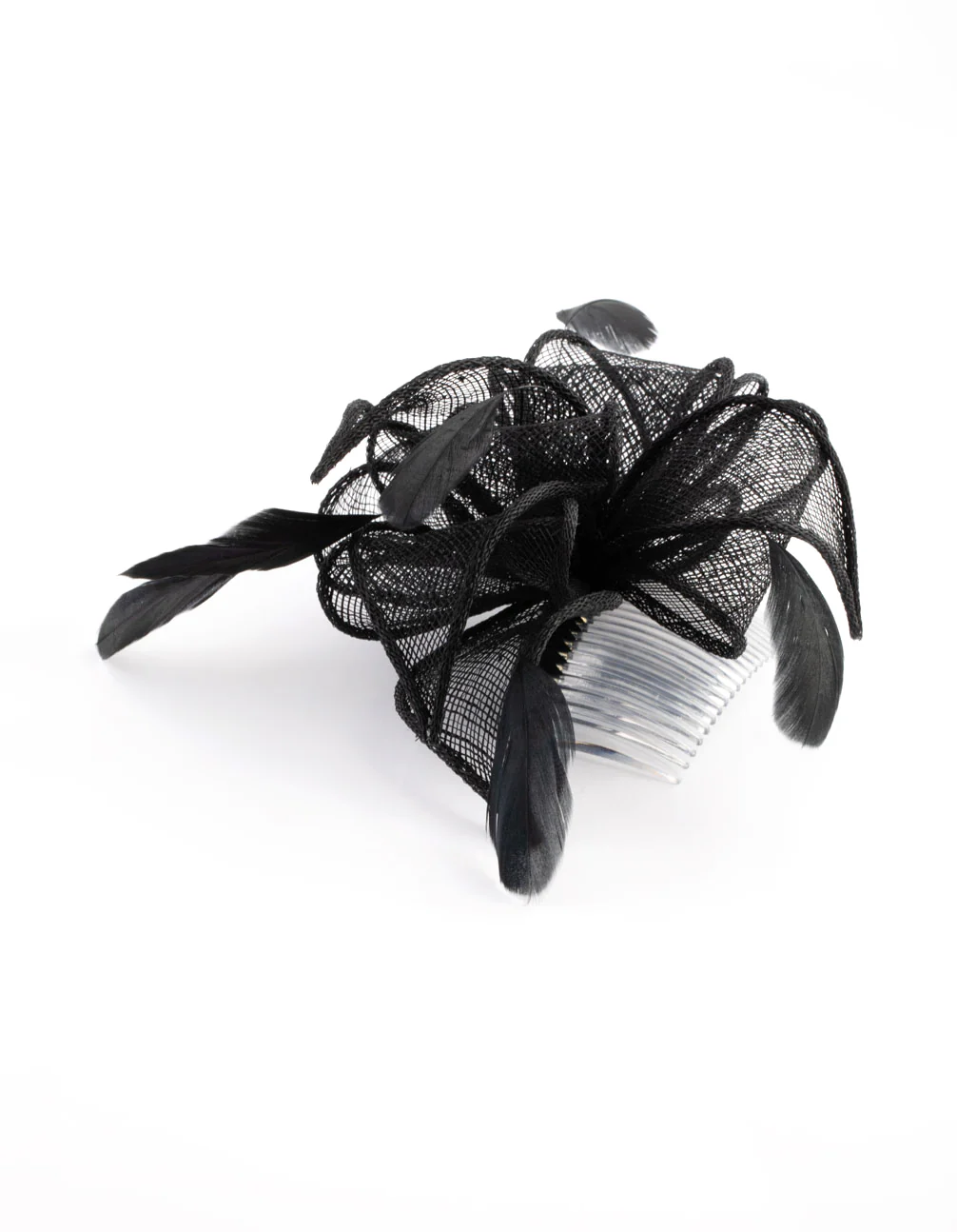 2395-black-looped-sinamay-fascinator-comb-with-feathers-3.webp Black Looped Sinamay Fascinator Comb with Feathers