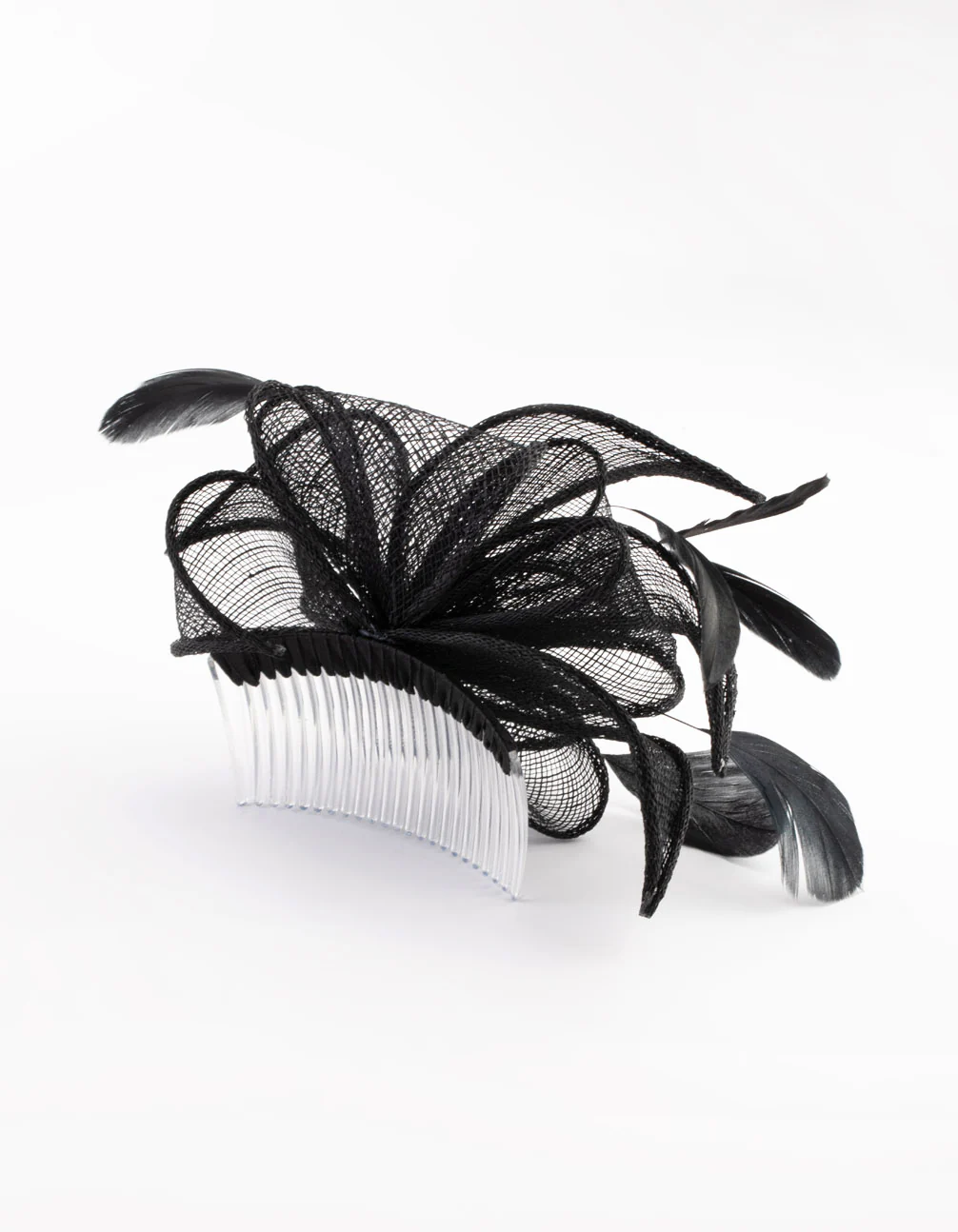 2395-black-looped-sinamay-fascinator-comb-with-feathers-4.webp Black Looped Sinamay Fascinator Comb with Feathers