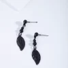 Black Metal Bead Feather Drop Earrings