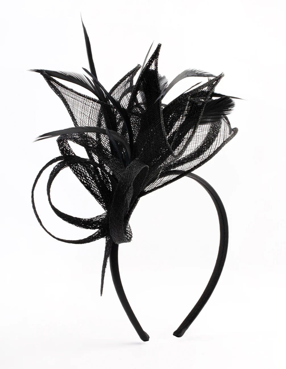 2435-black-petal-looped-mesh-sinamay-fascinator-1.webp Black Petal Looped Mesh Sinamay Fascinator