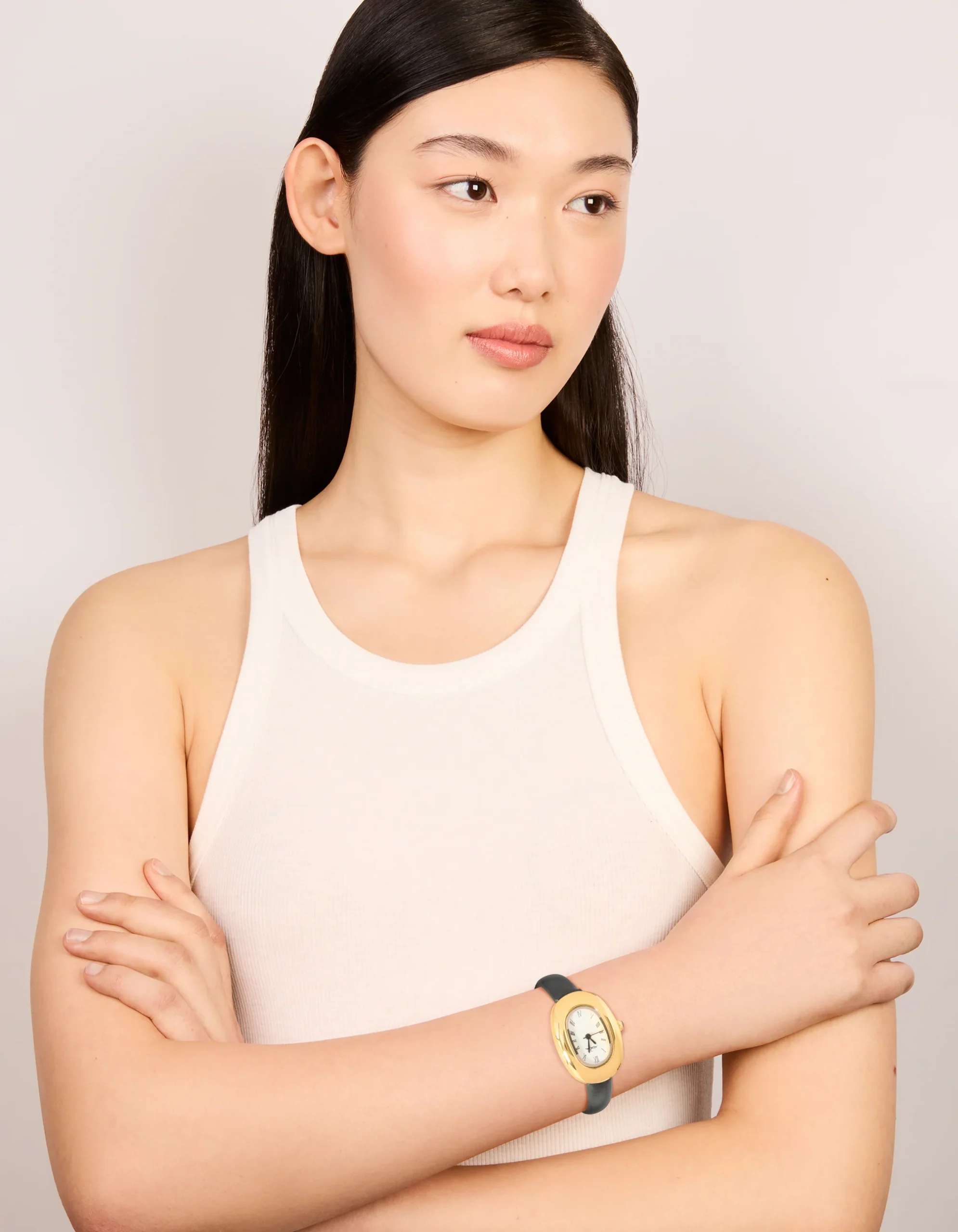Black PU Leather Bubble Oval Watch