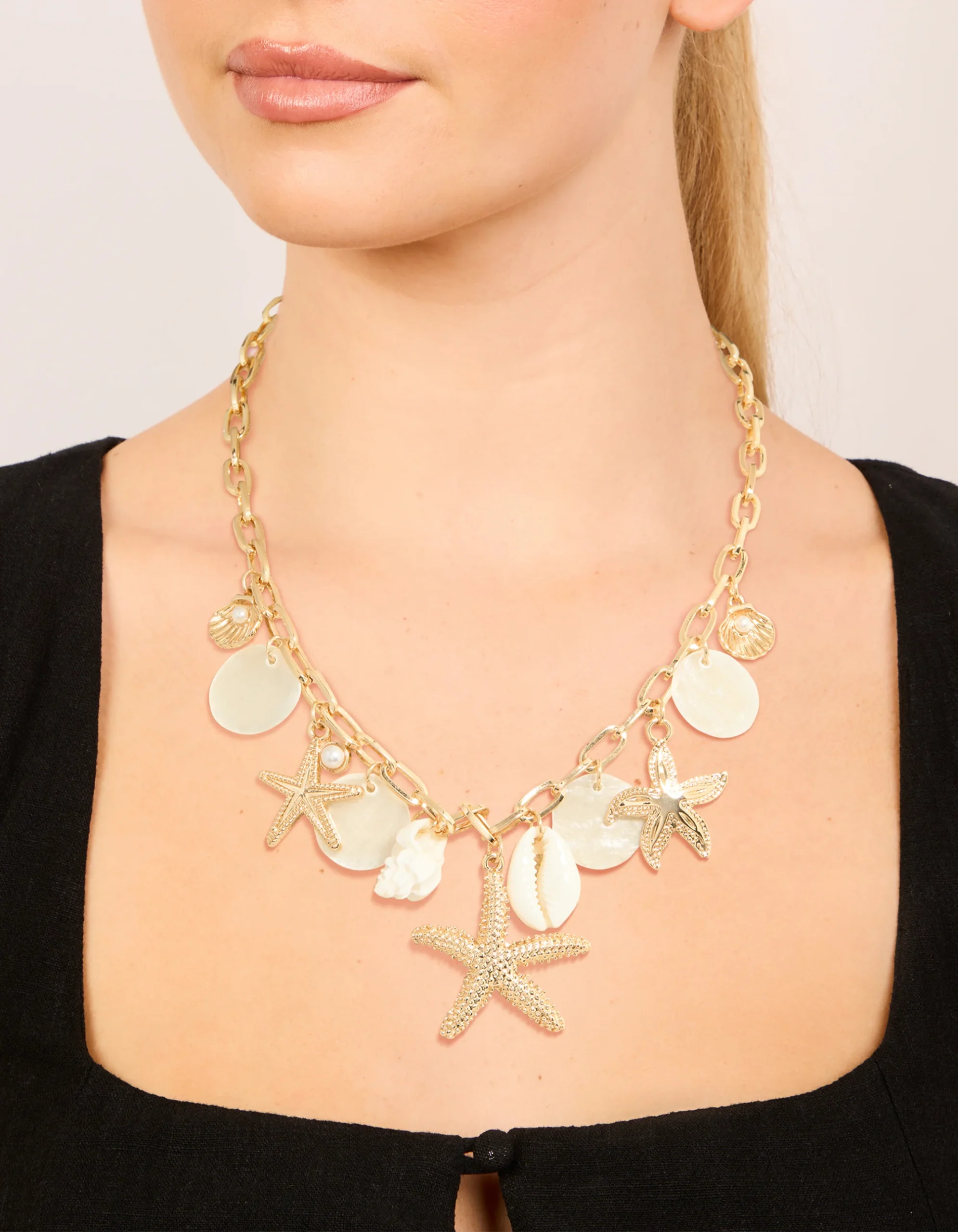 Gold Genuine Shell Disc & Beach Charm Necklace