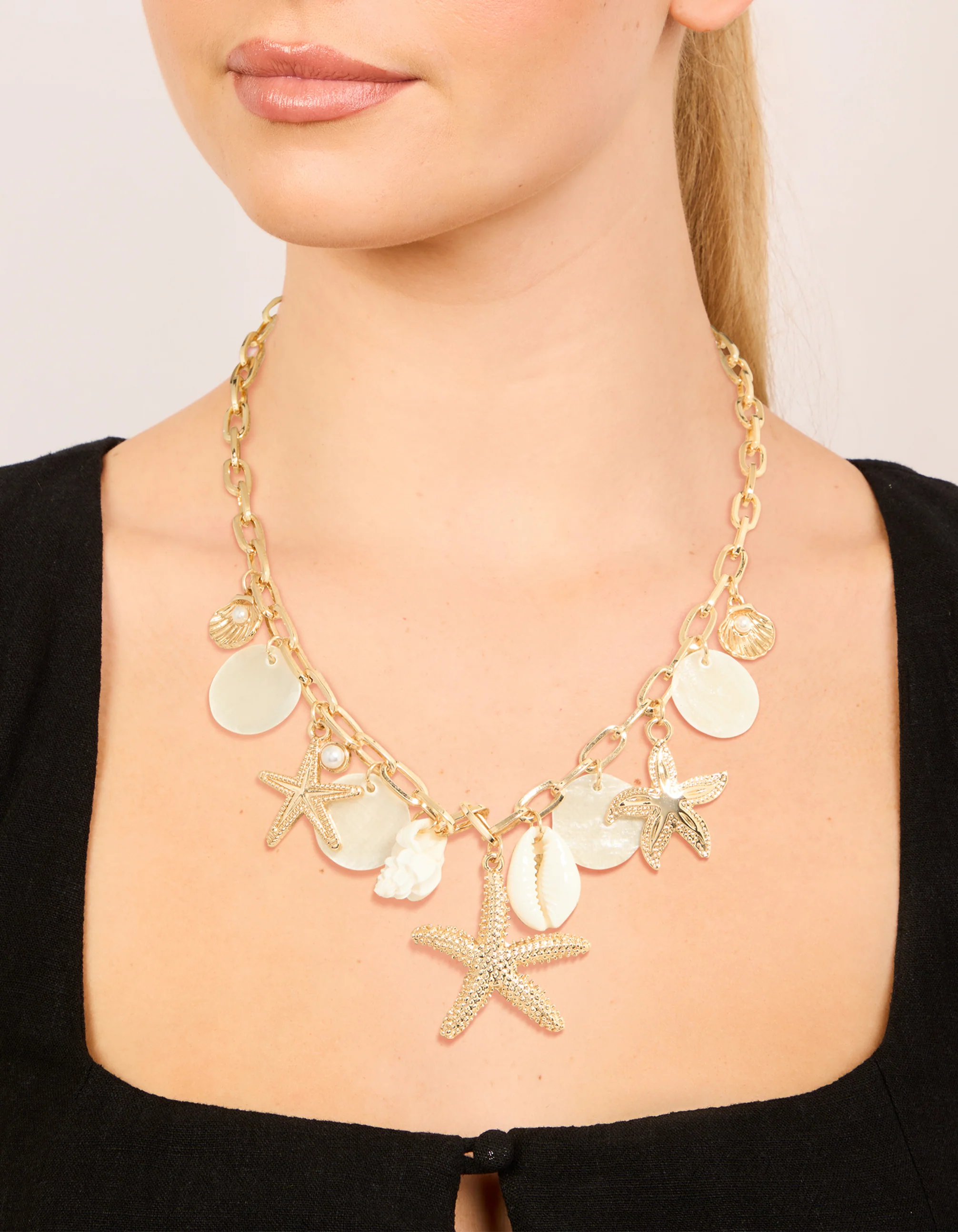 Gold Genuine Shell Disc & Beach Charm Necklace