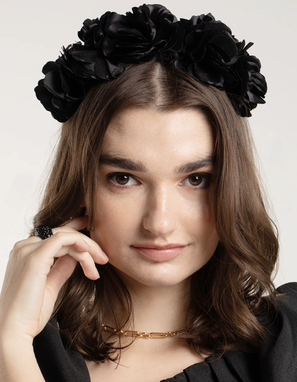 2463-black-satin-flower-veil-headband-2.webp Black Satin Flower Veil Headband