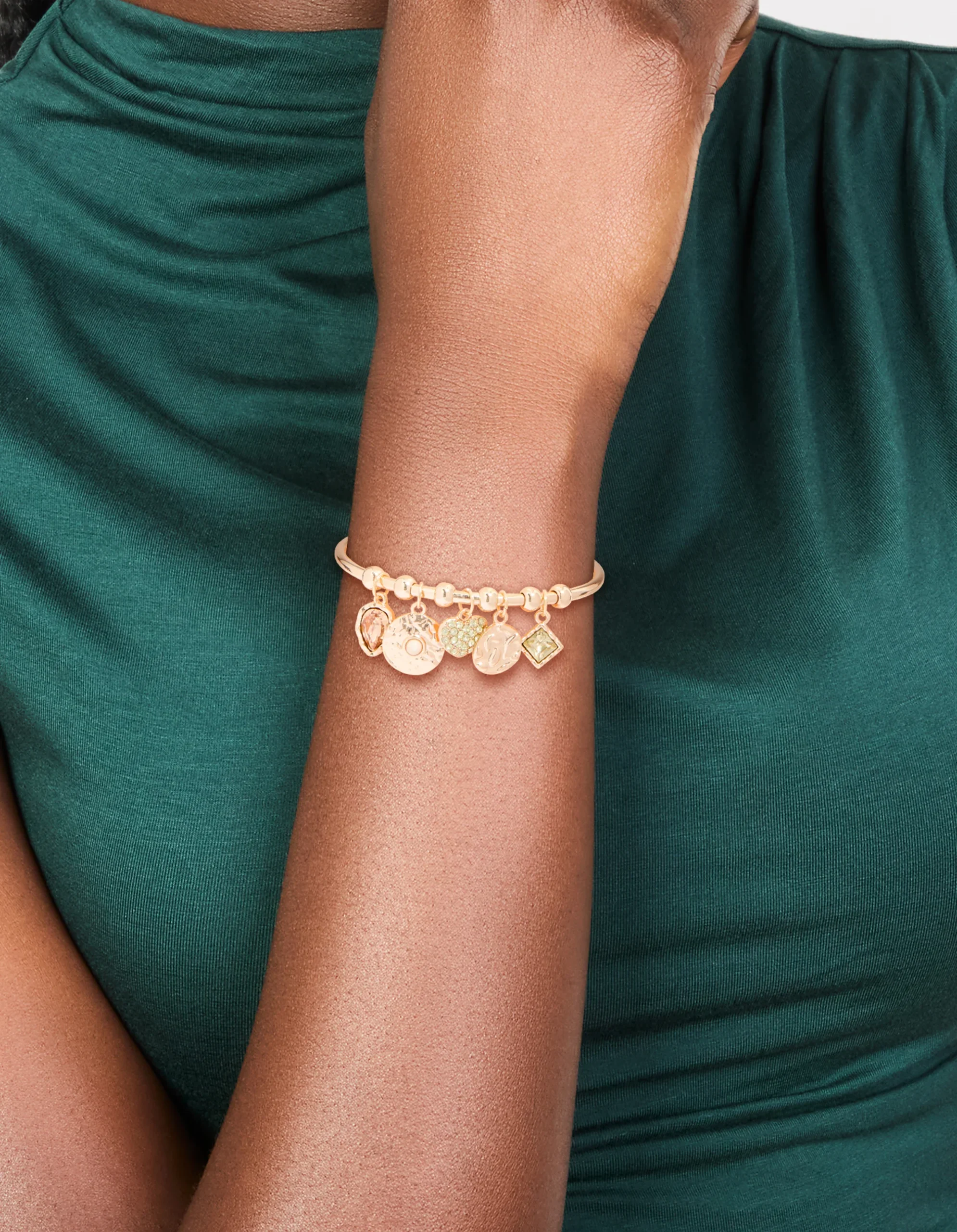 247-gold-green-diamante-heart-disc-charm-bangle-1.webp Gold Green Diamante Heart & Disc Charm Bangle