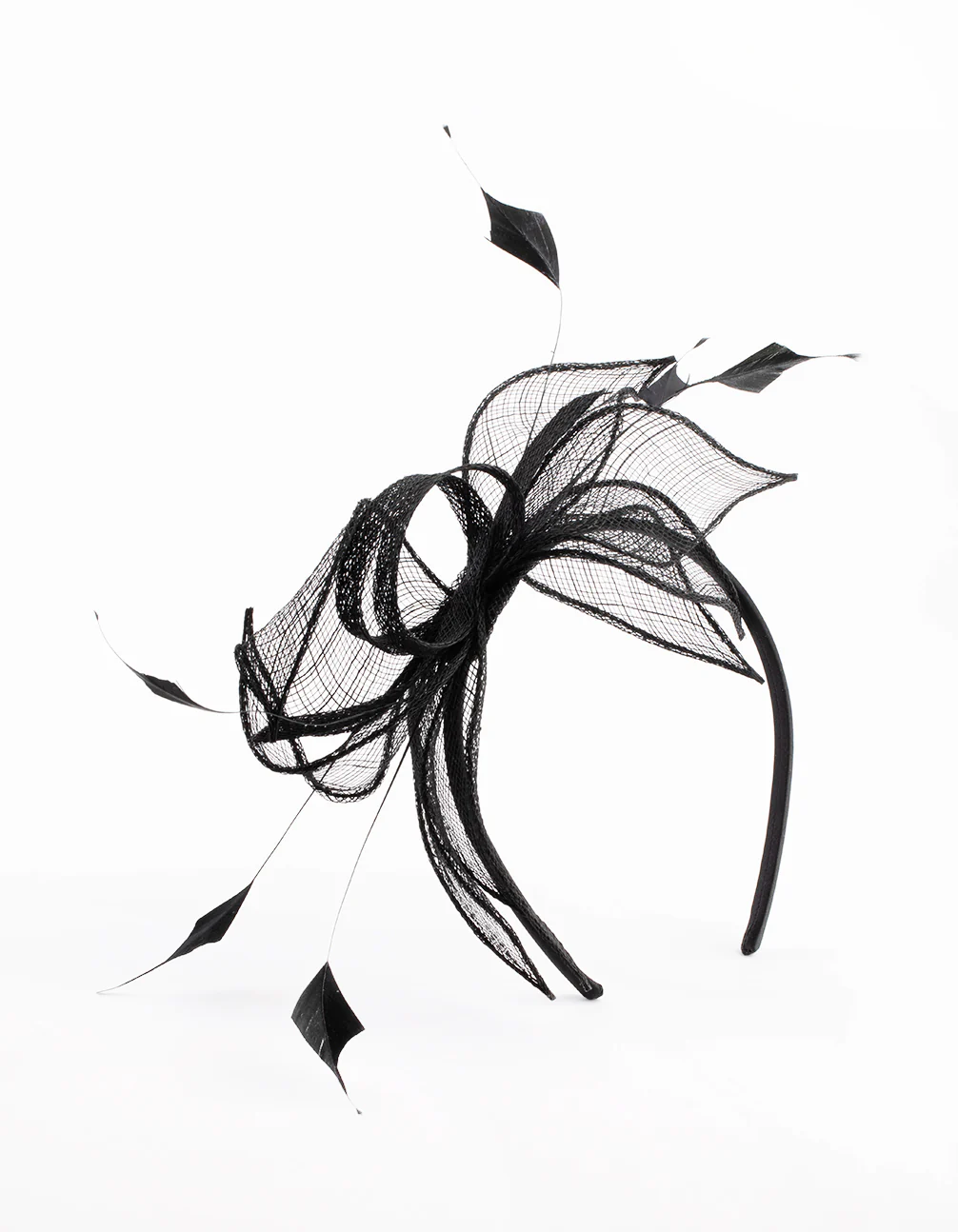 2476-black-sinamay-black-feather-leaf-fascinator-1.webp Black Sinamay Black Feather Leaf Fascinator