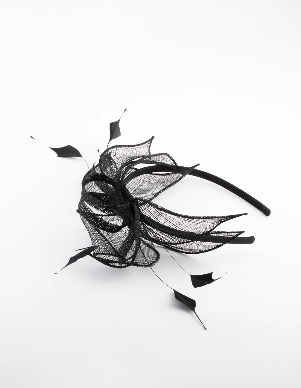 2476-black-sinamay-black-feather-leaf-fascinator-4.webp Black Sinamay Black Feather Leaf Fascinator