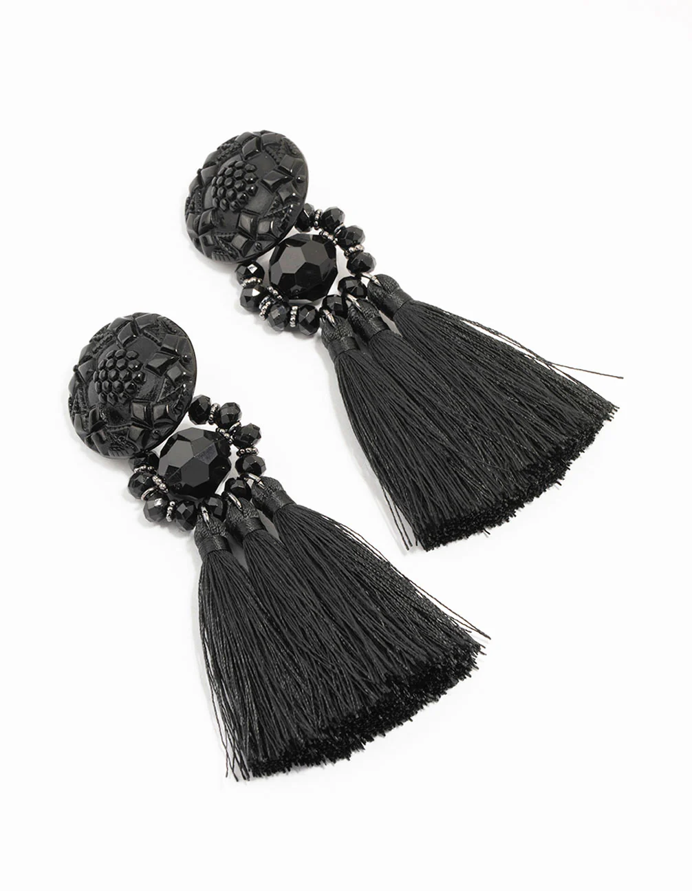 2518-black-tassel-fabric-large-drop-earrings-1.webp Black Tassel Fabric Large Drop Earrings