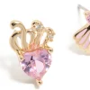 Gold Link Pink Cubic Zirconia Heart & Shell Stud Earrings