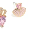 Gold Link Pink Cubic Zirconia Heart & Shell Stud Earrings