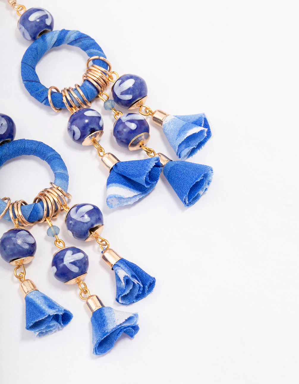 Blue Fabric Wrapped Ball Gathered Earrings