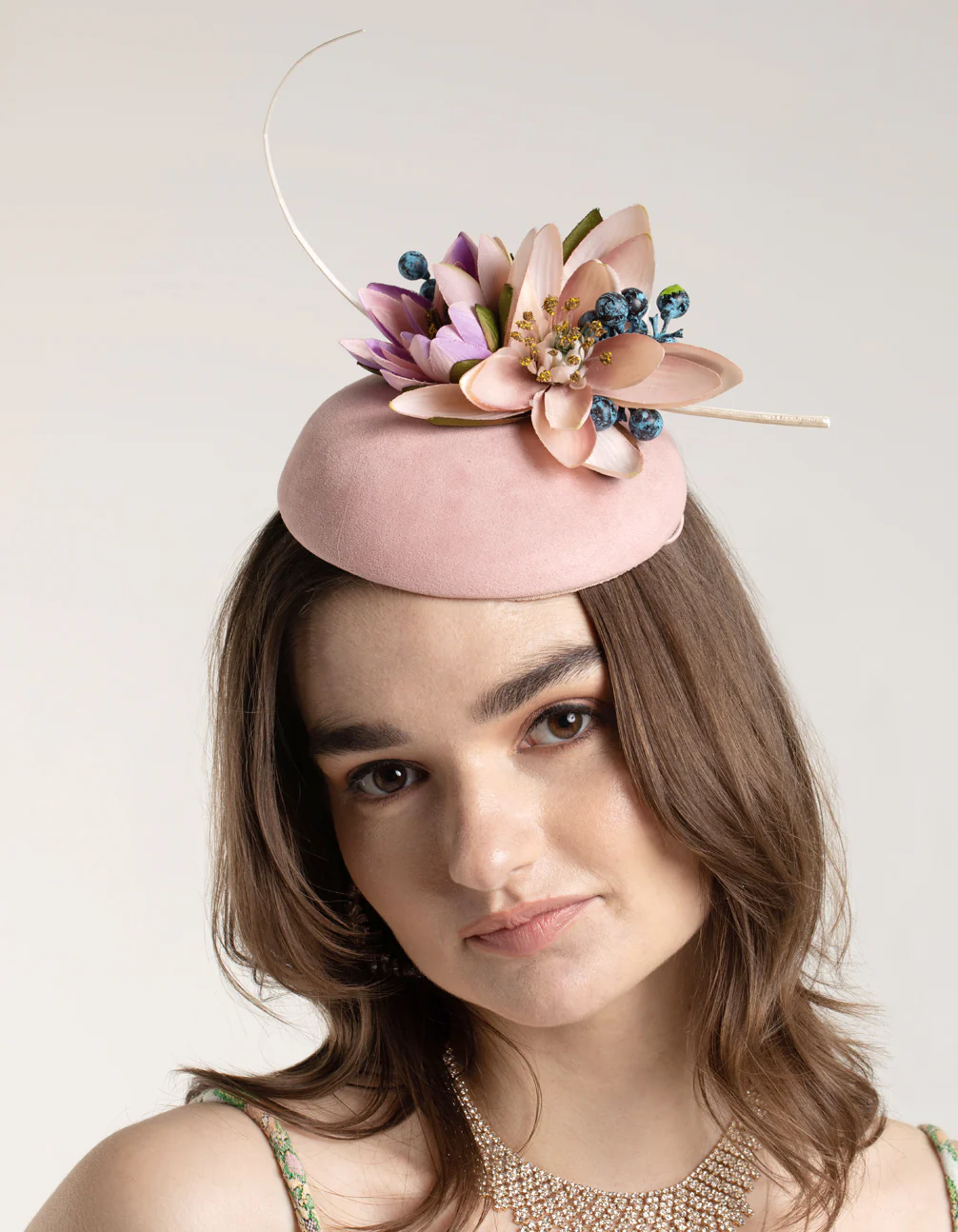2714-blush-fabric-pillbox-with-floral-quill-detail-2.webp Blush Fabric Pillbox With Floral & Quill Detail