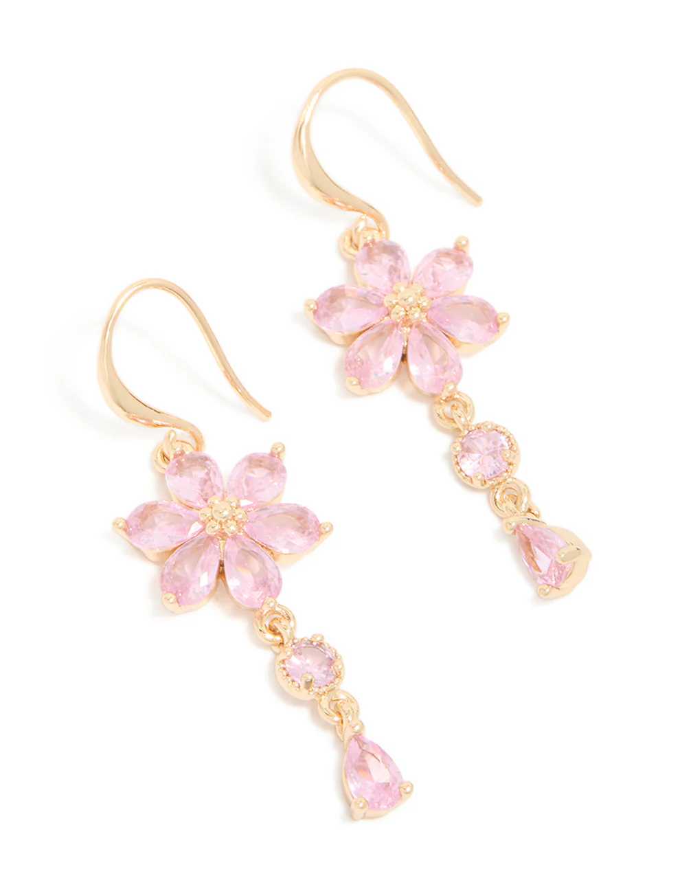 Gold Pink Cubic Zirconia Flower Hook Earrings