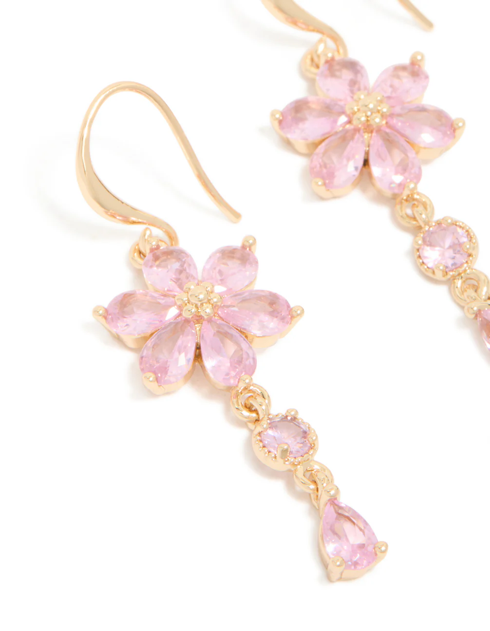 Gold Pink Cubic Zirconia Flower Hook Earrings