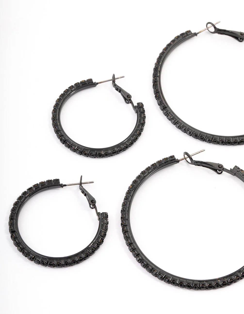 2894-coated-black-mixed-size-diamante-hoop-earrings-2.webp Coated Black Mixed Size Diamante Hoop Earrings