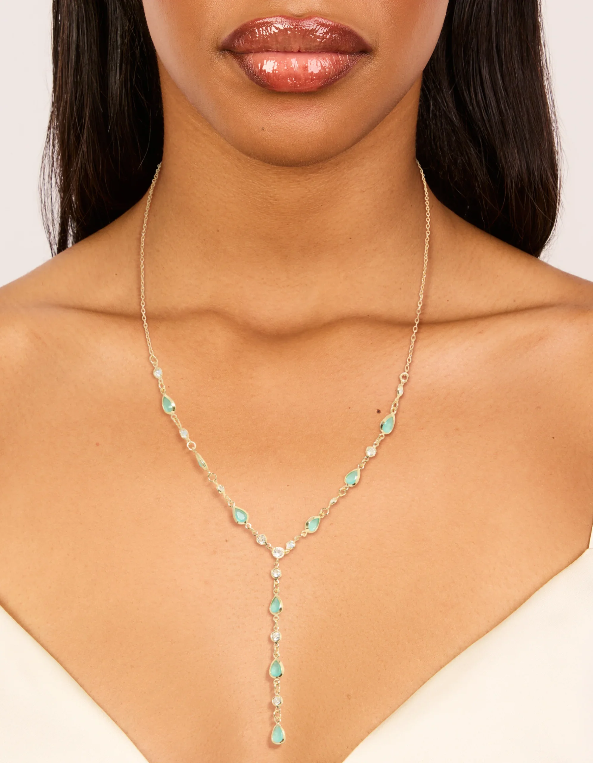 Gold Plated  Blue Cubic Zirconia Alternating Oval Y-Necklace