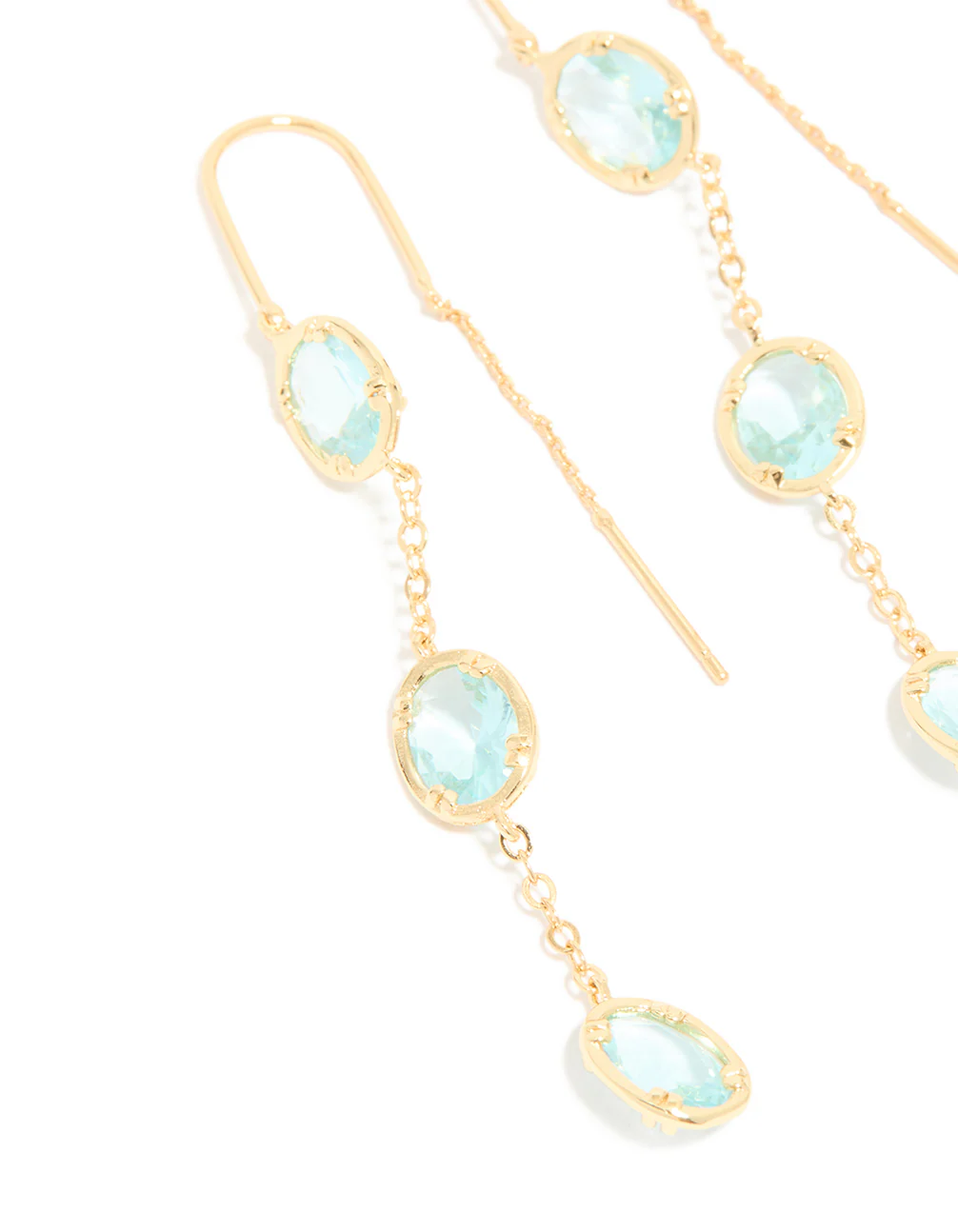 Gold Plated Aqua Cubic Zirconia Thread Through Earrings