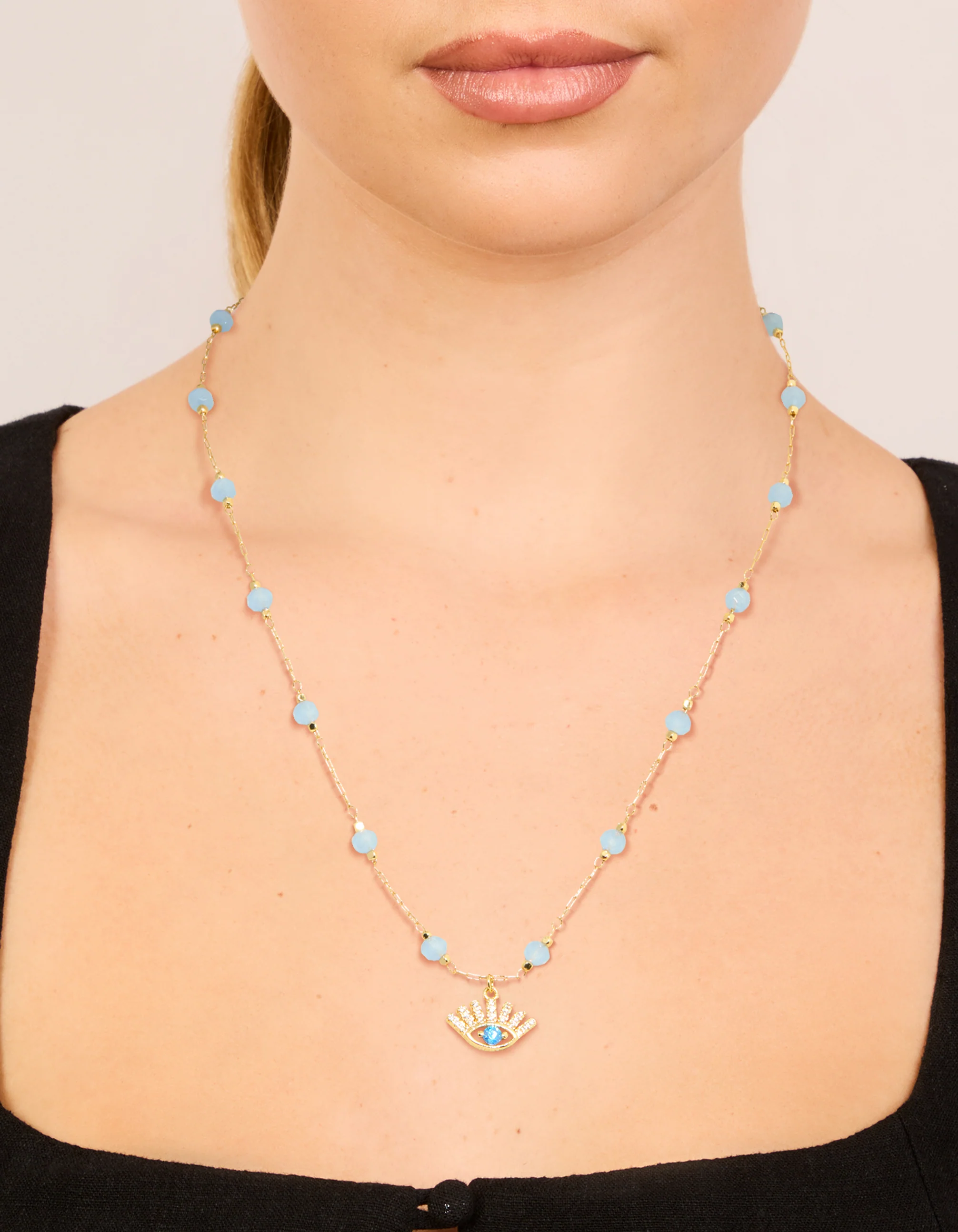 Gold Plated Blue Beaded & Evil Eye Pendant Necklace