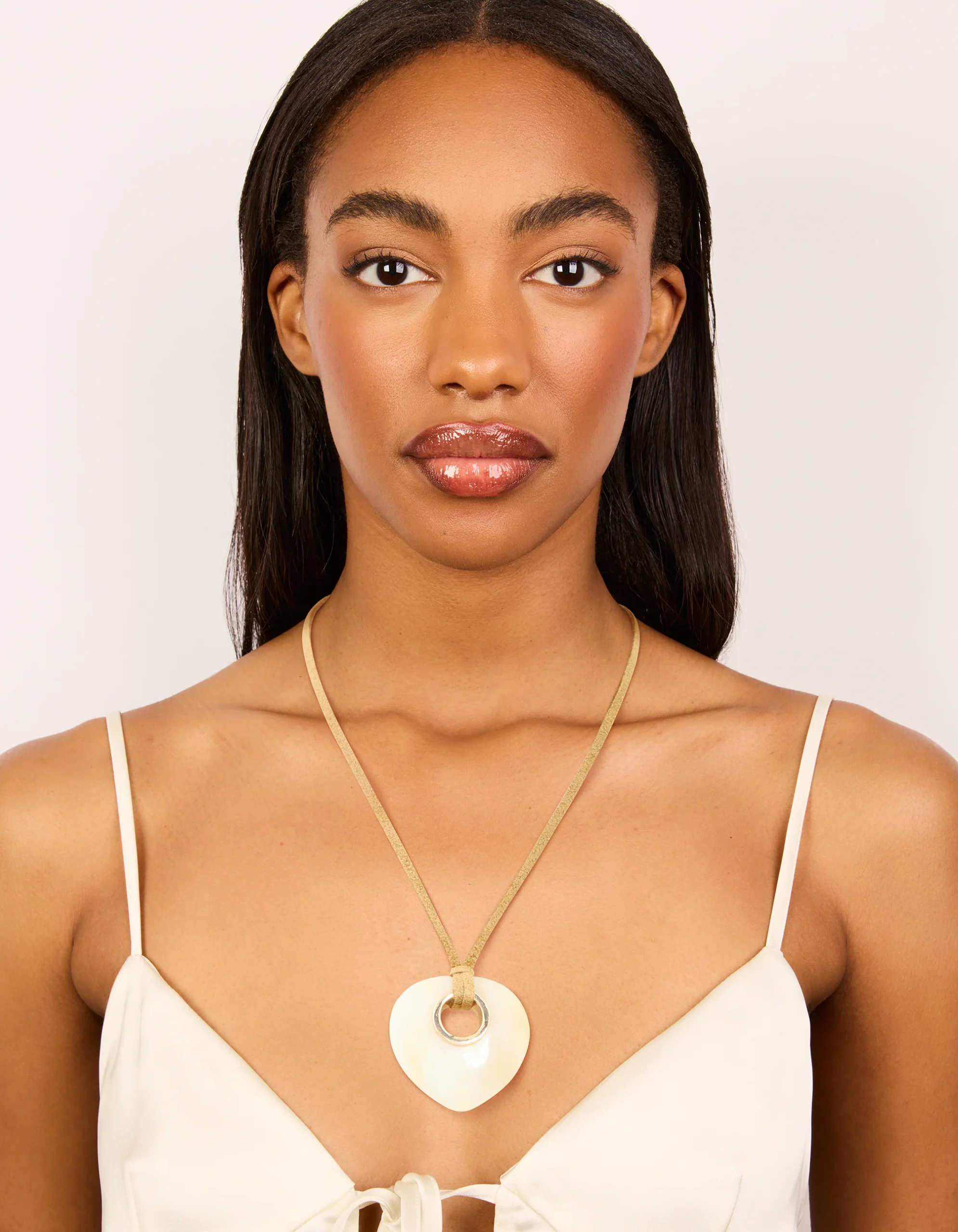 Cream Stone Pendant Brown Cord Necklace
