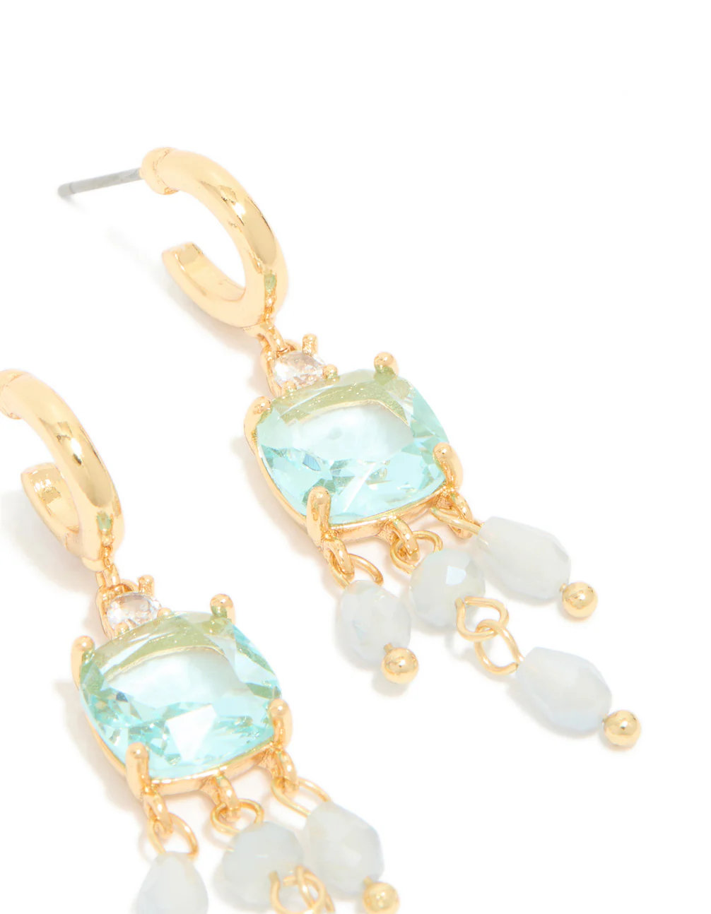 Gold Plated Blue Cubic Zirconia & Stones Square Drop Detail Earrings