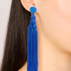 Dark Blue Fabric Fringe Long Drop Earrings