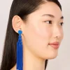 Dark Blue Fabric Fringe Long Drop Earrings